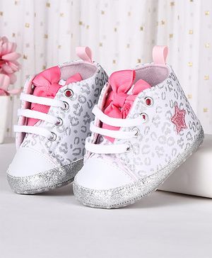 Cute Walk by Babyhug Lace Up Glitter Printed Booties With Bow Applique - Grey