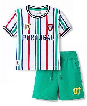 Babyhug 100% Cotton Knit Half Sleeves Striped & Text Printed T-Shirt & Shorts Set With Patch - Multicolor