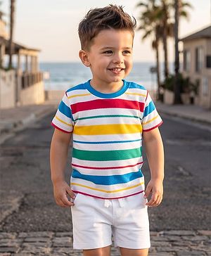 Babyhug Single Jersey Knit Half Sleeves Striped T-Shirt & Shorts Set - Multicolor