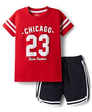 Babyhug Single Jersey Knit Half Sleeves T-Shirt & Shorts Set With Chicago Print - Red