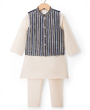 Babyhug Woven Full Sleeves Solid Colour Kurta Pyjama Set with Embroidered Jacket - Navy