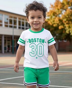Babyhug Single Jersey Knit Half Sleeves T-Shirt & Shorts Set with Boston Print - Green & White