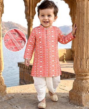 Babyhug Georgette Woven Full Sleeves Kurta Dhoti Set with Floral Embroidery & Sequin Detailing - Pink