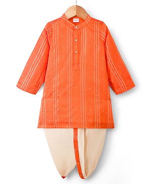 Babyhug Cotton Blend Woven Full Sleeves Foil Printed Dhoti Kurta Set - Orange