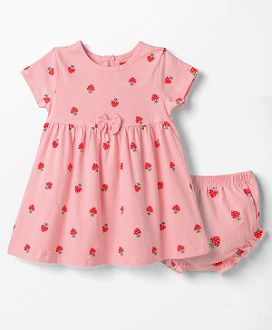 Babyhug Single Jersey Knit Half Sleeves Strawberry Printed Frock With Bloomer - Pink