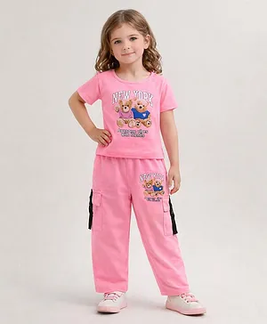 Little Marine Cotton Blend Knit Half
                              Sleeves Teddy Bear Printed Crop Top With
                              Cargo Pants Set - Pink