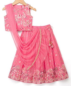 Babyhug Georgette Woven Sleeveless Choli Lehenga Set With Sequin Detailing & Dupatta - Light Pink
