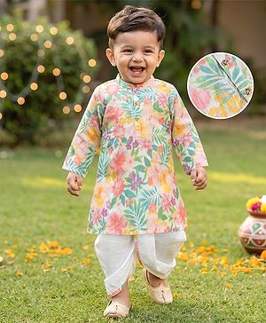 Babyhug Cambric Woven Full Sleeves Kurta Dhoti Set With Foil Floral Print - Multicolor