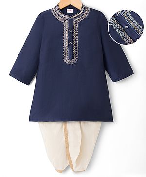 Babyhug Cotton Woven Full Sleeves Embroidered Kurta & Dhoti Set - Navy Blue