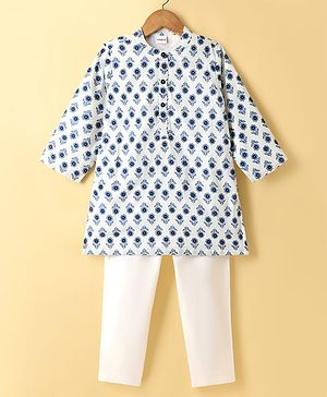 Babyhug Cambric Woven Full Sleeves Kurta Pyjama Set with Floral Print - White