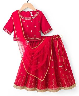 Babyhug Woven Half Sleeves Foil Printed & Embroidered  Choli Lahenga Set with Dupatta -  Red