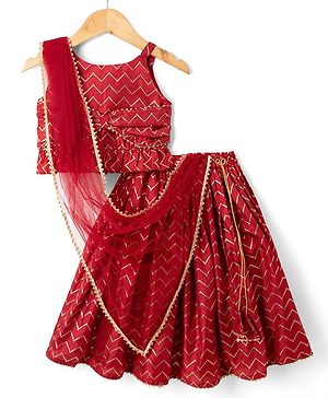 Babyhug Cotton Woven Sleeveless Printed Lehenga Choli Set With Dupatta & Lace Detailing - Maroon