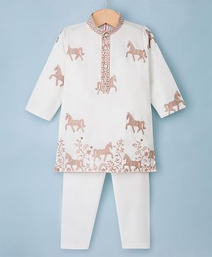 Babyhug Woven Full Sleeves Horse Embroidered Kurta & Pyjama Set - OffWhite