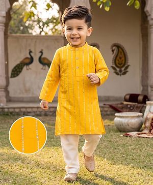 Babyhug Cotton Blend Woven Full Sleeves Kurta Pyjama Set With Sequin Detailing - Yellow