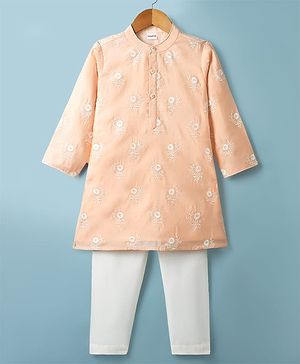 Babyhug Chanderi Woven Full Sleeves Floral Embroidered Kurta & Pyjama Set - Peach