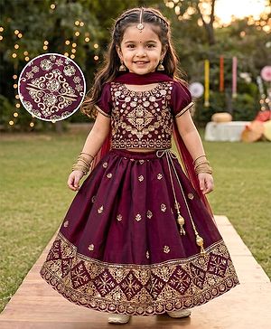 Babyhug Chiffon Woven Half Sleeves Choli Lehenga Set With Floral Embroidery & Dupatta - Maroon