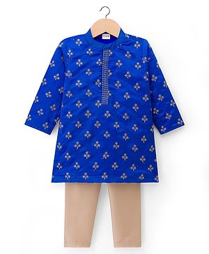 Babyhug Chanderi Woven Full Sleeves Kurta Pyjama Set with Floral Embroidery - Blue