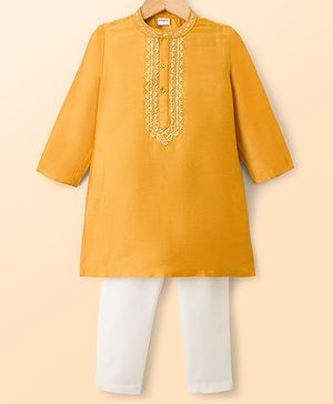 Babyhug Cotton Blend Woven Full Sleeves Kurta Pajama Set with Floral Embroidery - Orange