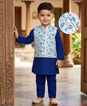 Babyhug Cotton Blend Woven Full Sleeves Kurta Pyjama Set With Floral Printed Brocade Nehru Jacket - Blue