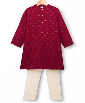 Babyhug Cotton Blend Woven Full Sleeves Kurta Pyjama Set With Sequin & Embroidery Detailing - Maroon