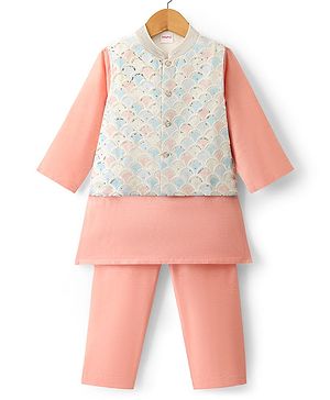 Babyhug Cotton Blend Woven Full Sleeves Kurta Pyjama Set with Embroidered Nehru Jacket - Peach