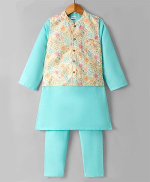 Babyhug Cotton Blend Woven Full Sleeves Kurta Pyjama Set With Floral Printed Jacket - Blue