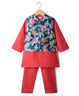 Babyhug Cotton Blend Woven Full Sleeves Kurta Pyjama Set With Floral Printed Jacket - Red