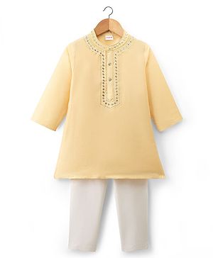 Babyhug Cotton Blend Woven Full Sleeves Embroidered Kurta Pyjama Set - Light Yellow