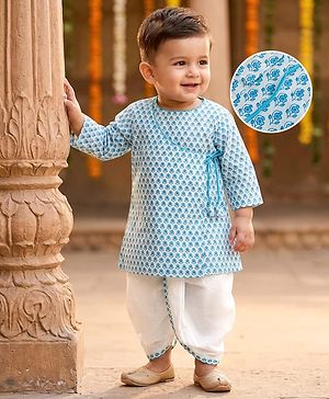 Babyhug Cambric Woven Full Sleeves Floral Printed Kurta Dhoti Set - Blue