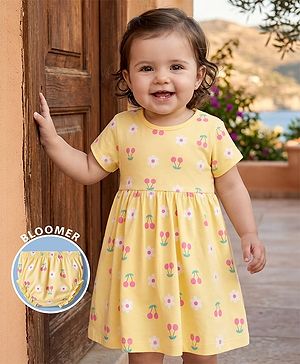 Babyhug 100% Cotton Interlock Knit Half Sleeves Floral & Cherry Printed Frock With Bloomer - Yellow
