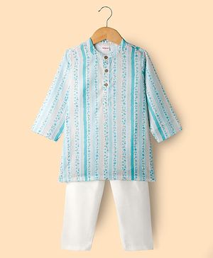Babyhug Cambric Woven Full Sleeves Kurta Pyjama Set With Floral Print - Light Green