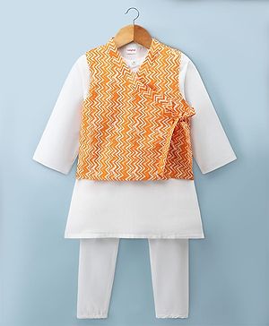 Babyhug Cambric Woven Full Sleeves Kurta Pyjama Set with Printed Nehru Jacket - Orange