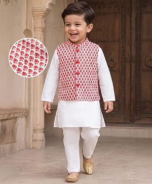 Babyhug 100% Cotton Cambric Woven Full Sleeves Kurta Pyjama Set with Floral Printed Nehru Jacket - Red