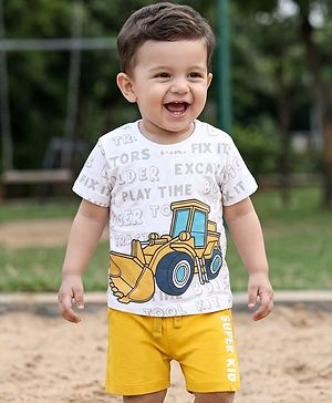 Babyhug Single Jersey Knit Half Sleeves T-Shirt & Shorts Set with Excavator Print - Yellow & White