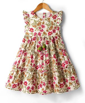 Babyhug Cambric Woven Sleeveless Ethnic Dress With Floral Print - White