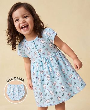 Babyhug 100% Cotton Frock and Bloomer with Half Sleeves and Cat Print With Bow Applique - Light Blue