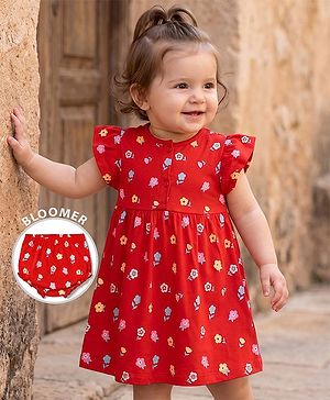 Babyhug 100% Cotton Interlock Knit Half Sleeves Floral Printed Frock With Bloomer - Red