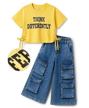 OLLINGTON ST. Cotton Knit Half Sleeves Top
                      With Print & Stretchable Denim Culottes Set
                      -Yellow & Indigo