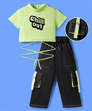 OLLINGTON ST. Cotton Knit Half Sleeve
                              Top With Print & Culottes Set - Lime
                              & Black