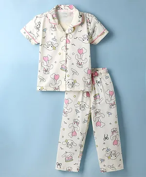 Doreme Single Jersey Knit Half
                              Sleeves Shirt & Pyjama Co-ord Night
                              Suit with Bunny Print - White
