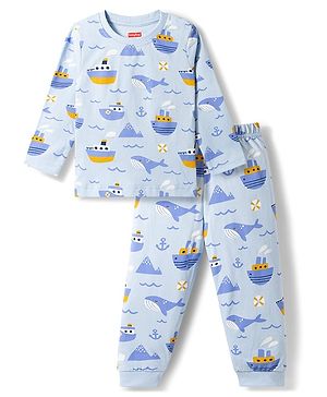 Babyhug Cotton Knit Full Sleeves T-Shirt & Pyjama Co-ord Night Suit with Nautical Print - Blue