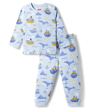 Babyhug Cotton Knit Full Sleeves
                              T-Shirt & Pyjama Co-ord Night Suit
                              with Nautical Print - Blue