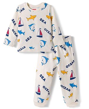 Babyhug Cotton Knit Full Sleeves T-Shirt & Pyjama Co-ord Night Suit With Shark Print - Light Grey