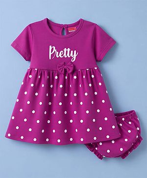 Babyhug Interlock Knit Half Sleeves Frock with Polka Dot Print & Bloomer - Dark Pink