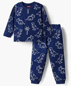 Babyhug Cotton Knit Full Sleeves Dino
                              Printed Co-Ords T-Shirt & Pyjama Night
                              Suit - Navy Blue