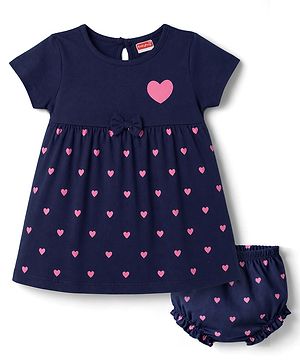 Babyhug Interlock Knit Half Sleeves Hearts Printed Frock With Bloomer - Navy Blue