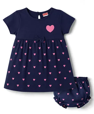 Babyhug Interlock Knit Half
                                  Sleeves Hearts Printed Frock With
                                  Bloomer - Navy Blue