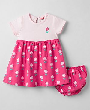 Babyhug Interlock Knit Half Sleeves Frock with Floral Print & Bloomer - Pink