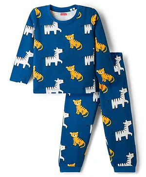 Babyhug Cotton Knit Full Sleeves
                              T-Shirt & Pyjama Co-ord Night Suit
                              with Tiger & Zebra Print - Teal Blue