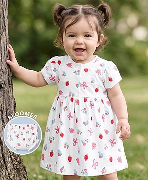 Babyhug 100% Cotton Knit Half Sleeves Floral Printed Frock With Bloomer - White